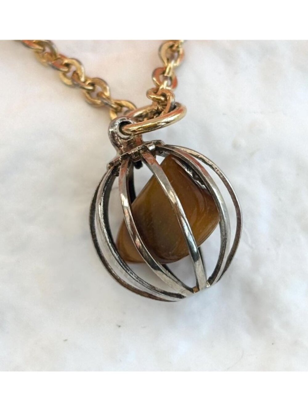 Brown Stone Caged Gold Toned Vintage 80's Pendant Necklace - 26"